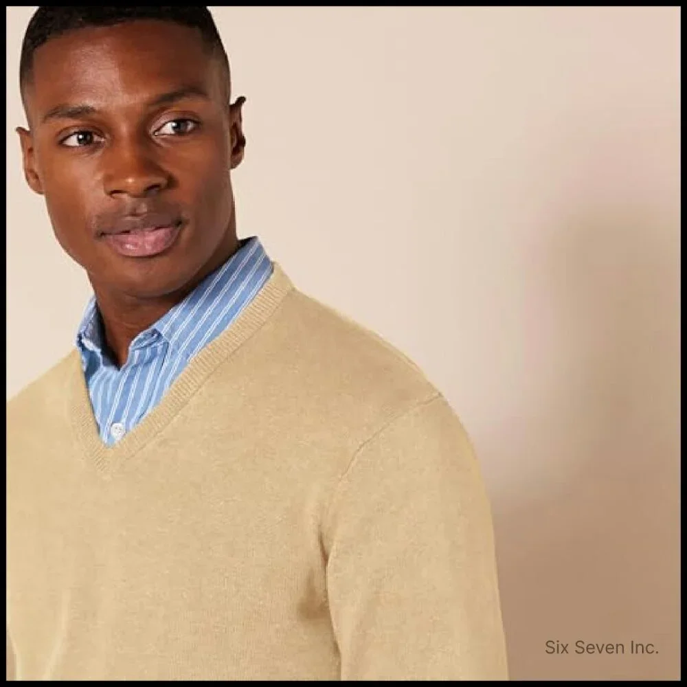 Men's V-Neck Pullover Sweater Classic Cotton Ribbed Collar Lightweight Layering